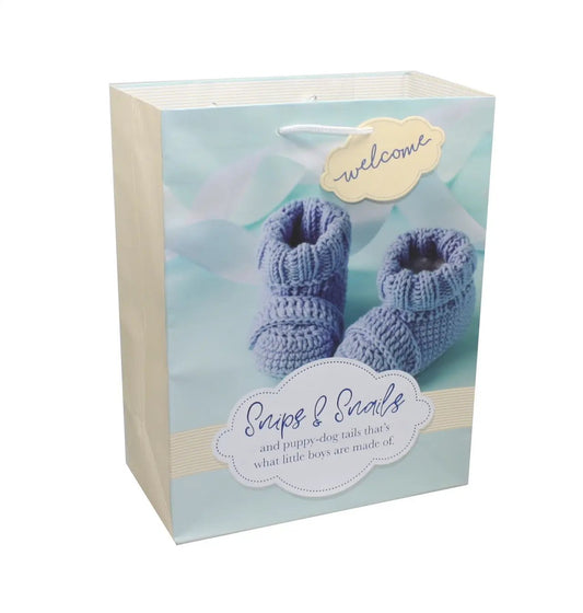 Gift Bag Snips and Snails Baby Boy with Tag - blue knitted booties design by Country Christmas Loft on Tampa Home & Garden Store