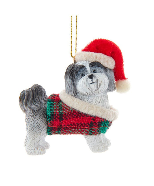 Grey Shih-Tzu With Plaid Coat and Santa Hat Ornament - Tampa Home & Garden Store