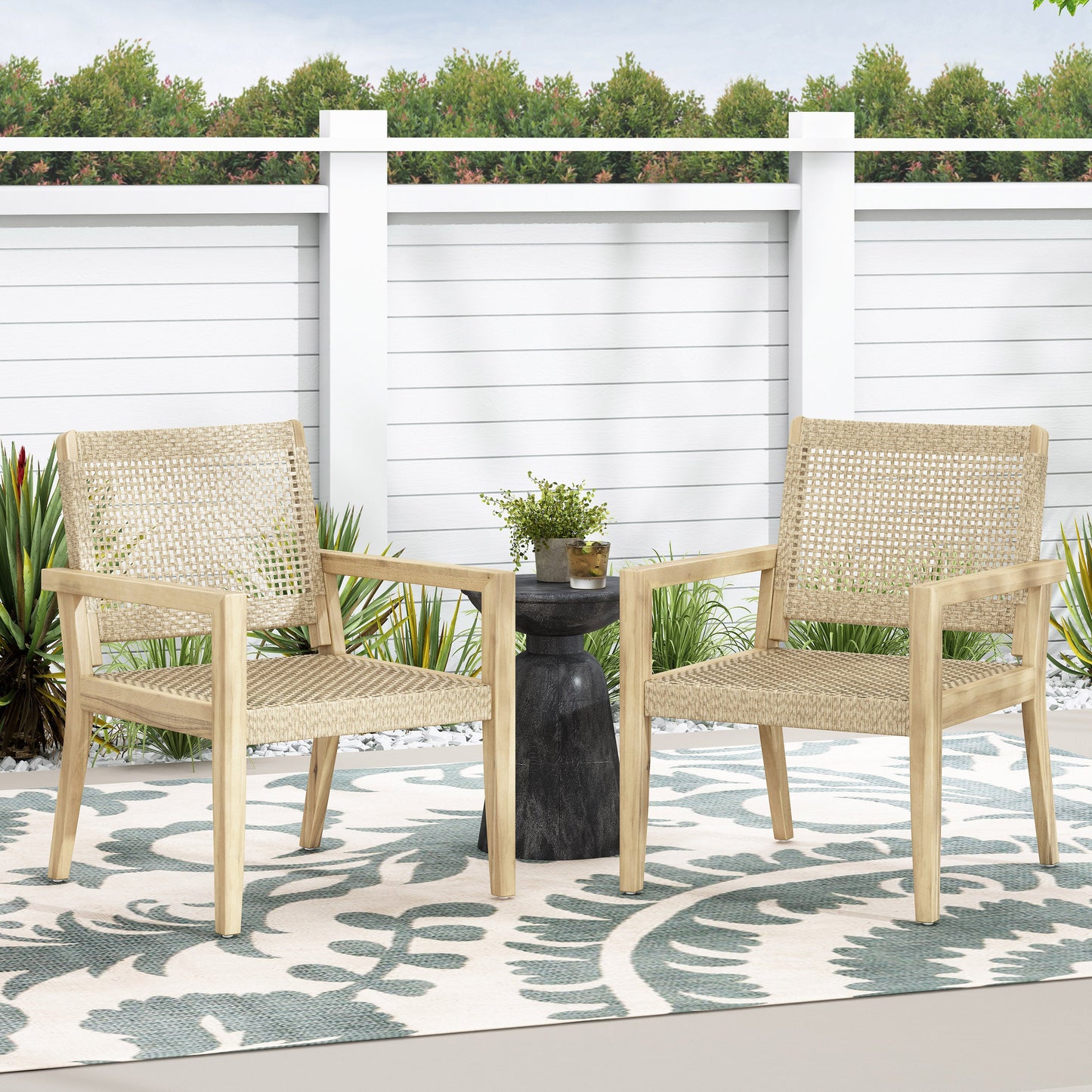 Outdoor Wicker and Acacia Wood Club Chairs