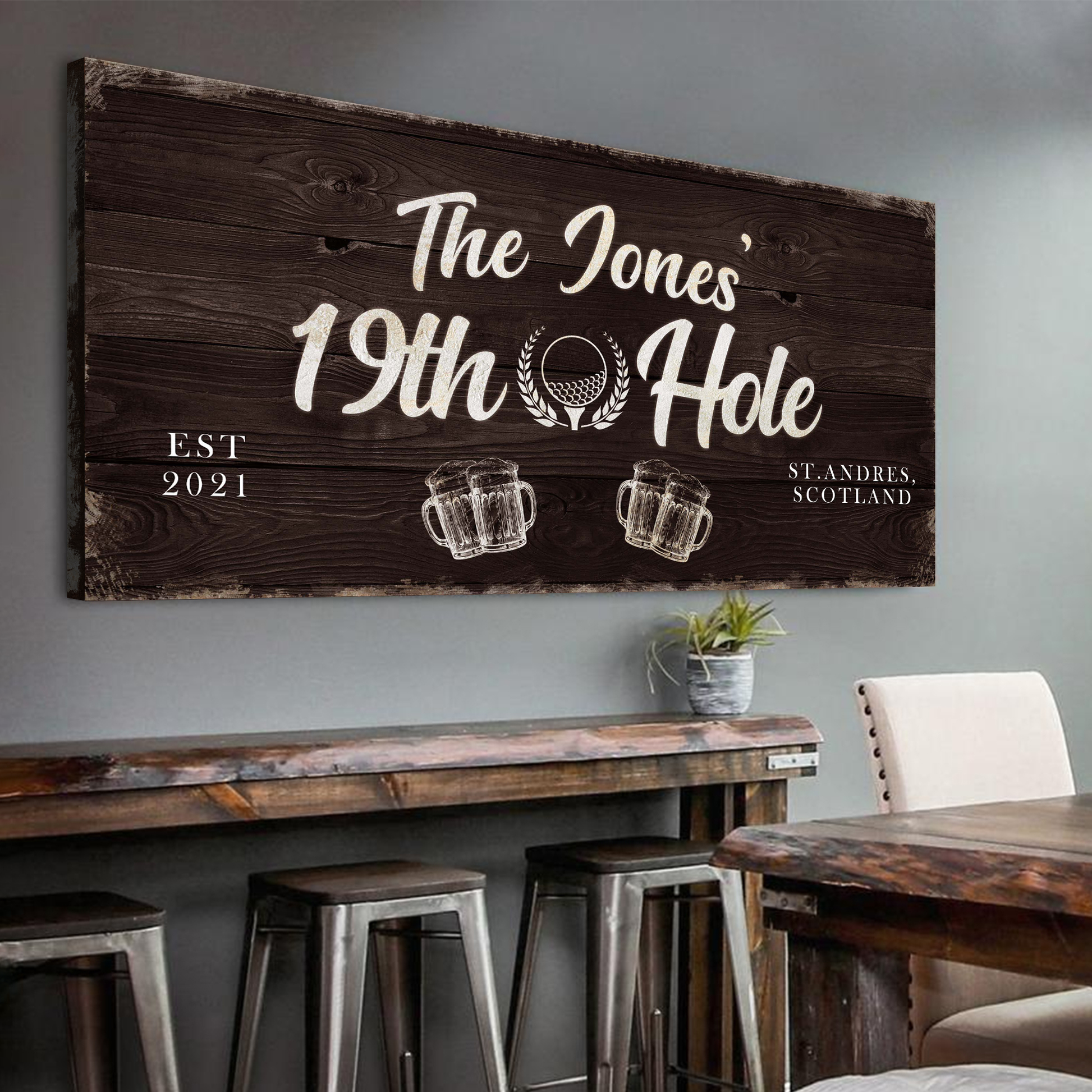 Canvas sign The Jones 19th Hole golf on dark wood with white script Tailored Canvases on Tampa Home & Garden Store
