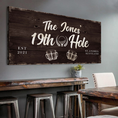 Canvas sign The Jones 19th Hole golf on dark wood with white script Tailored Canvases on Tampa Home & Garden Store
