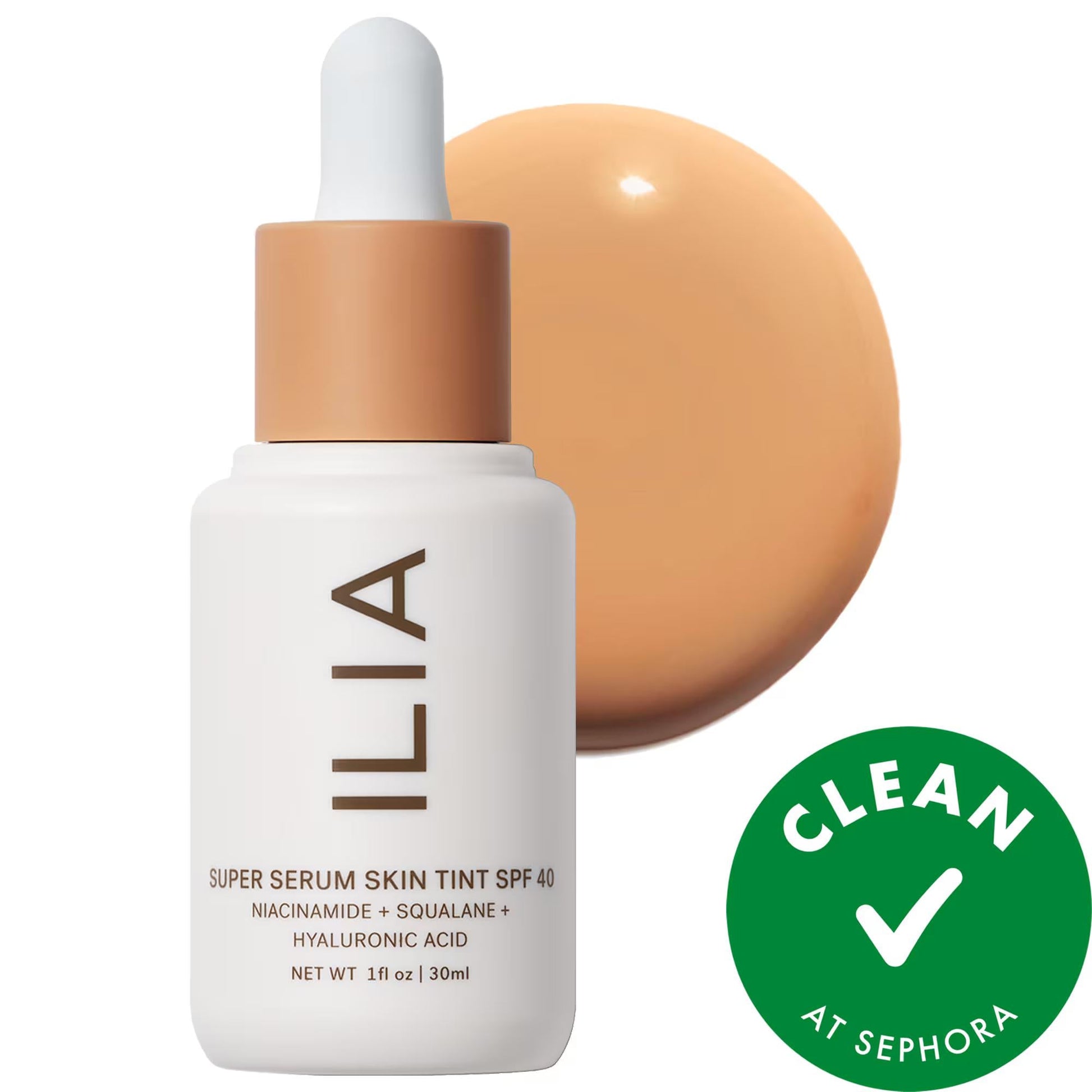 ILIA Super Serum Skin Tint SPF 40 foundation bottle with white dropper and peach cap on Tampa Home & Garden Store