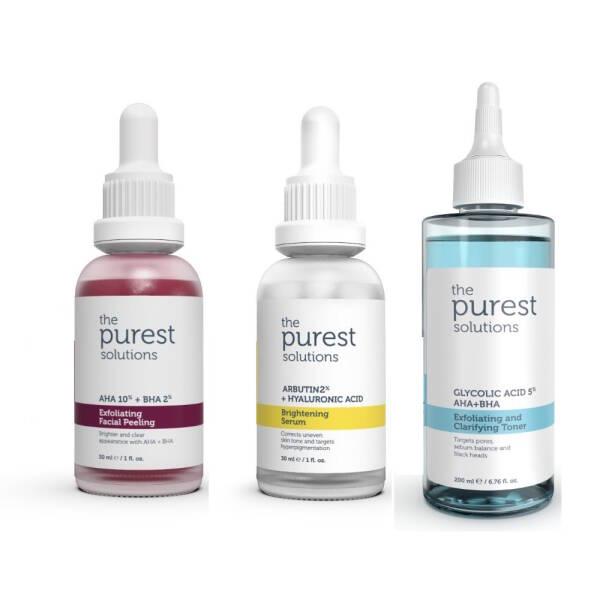 Purest Solutions serum and toner trio: pink exfoliating peel, brightening serum, bluetoned toner on Tampa Home & Garden Store