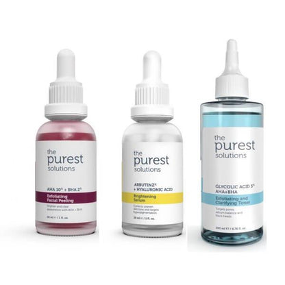 Purest Solutions serum and toner trio: pink exfoliating peel, brightening serum, bluetoned toner on Tampa Home & Garden Store