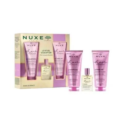 Nuxe Hair Prodigieux luxury hair care set—pink tubes with a small bottle on Tampa Home & Garden Store