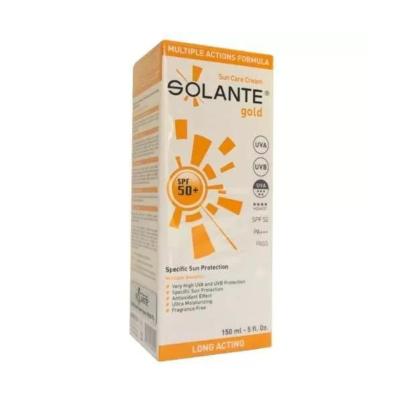 Sunscreen Solante Gold SPF 50+ box by Beauty Care Bag, orange-white packaging, water-resistant on Tampa Home & Garden Store