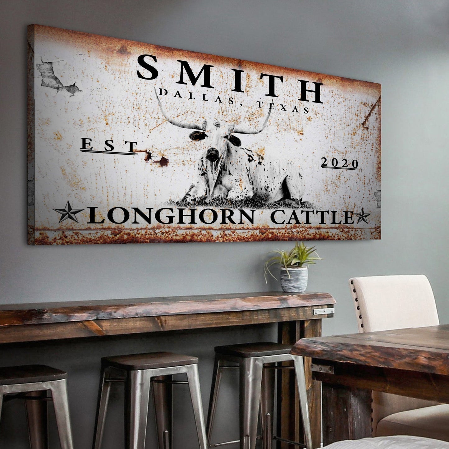 Longhorn rustic cattle sign canvas with distressed rust background, crafting decor on Tampa Home & Garden Store