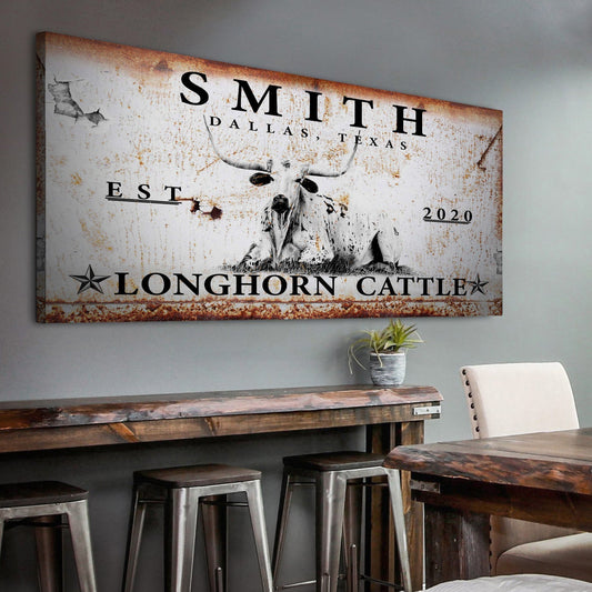 Longhorn rustic cattle sign canvas with distressed rust background, crafting decor on Tampa Home & Garden Store