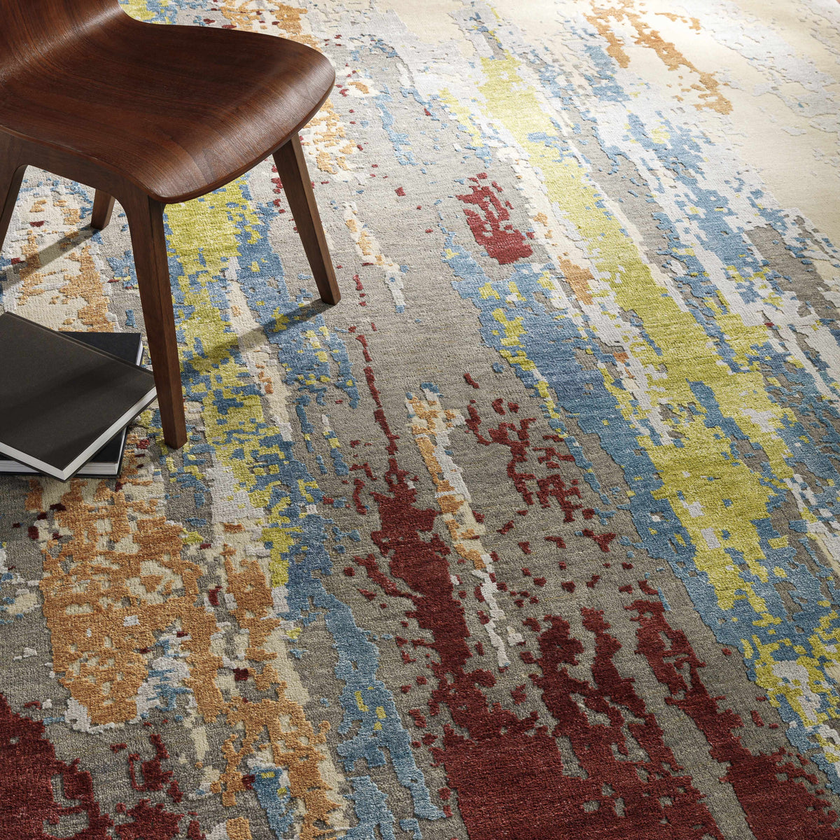 Kabugao Handmade Premium Wool Rug by Boutique Rugs, multicolor abstract in blue and yellow on Tampa Home & Garden Store