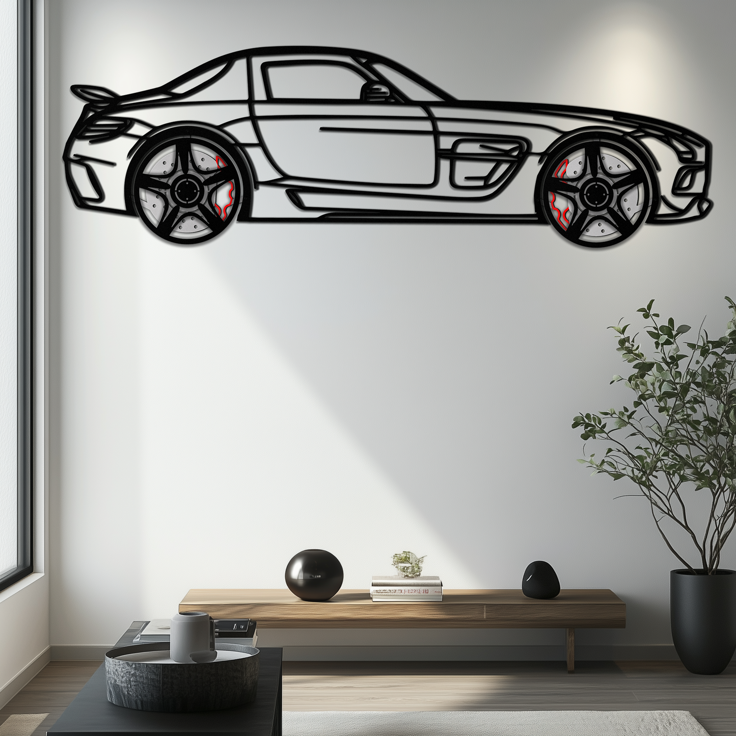 Mercedes SLS AMG Metal Wall Art – Rotating Wheel Car Silhouette • Luxury Automotive Decor • Perfect Gift for Car Lovers - KAFMEKA075