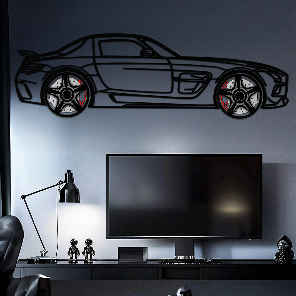 Mercedes SLS AMG Metal Wall Art – Rotating Wheel Car Silhouette • Luxury Automotive Decor • Perfect Gift for Car Lovers - KAFMEKA075
