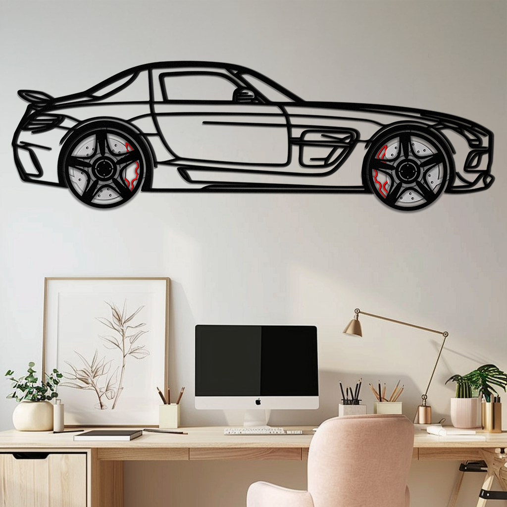 Mercedes SLS AMG Metal Wall Art – Rotating Wheel Car Silhouette • Luxury Automotive Decor • Perfect Gift for Car Lovers - KAFMEKA075