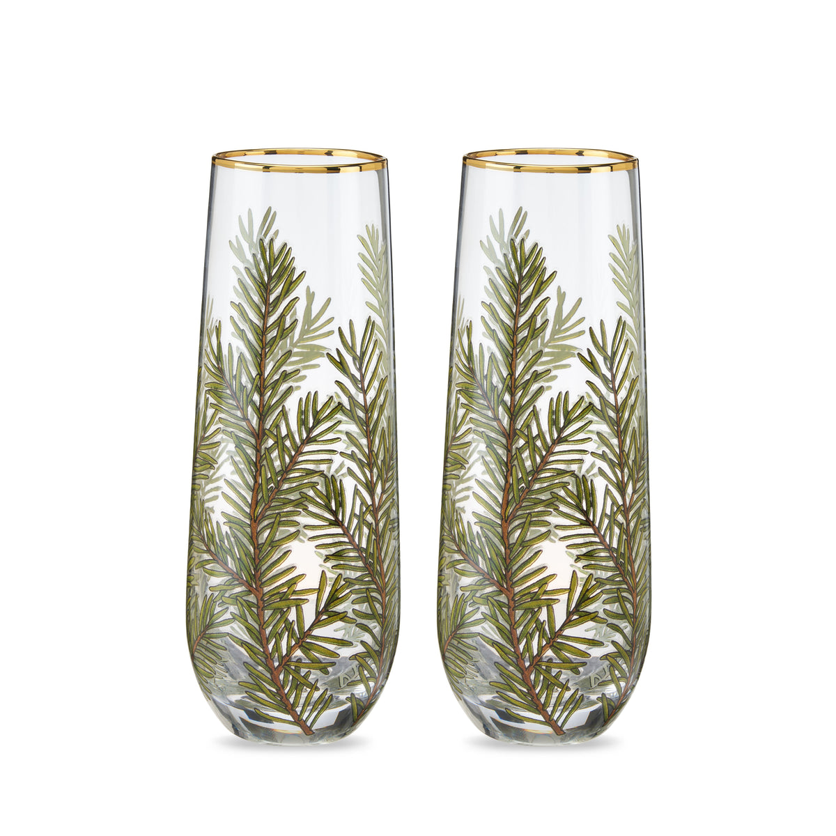 Twine Living Woodland Stemless Champagne Flute Set, 2 clear glasses with gold rim and pine motif on Tampa Home & Garden Store