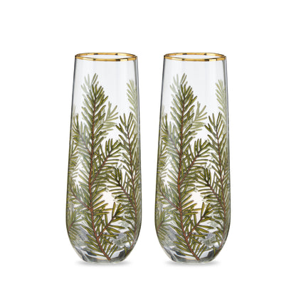 Twine Living Woodland Stemless Champagne Flute Set, 2 clear glasses with gold rim and pine motif on Tampa Home & Garden Store