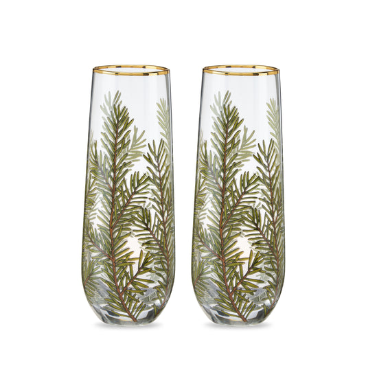 Twine Living Woodland Stemless Champagne Flute Set, 2 clear glasses with gold rim and pine motif on Tampa Home & Garden Store