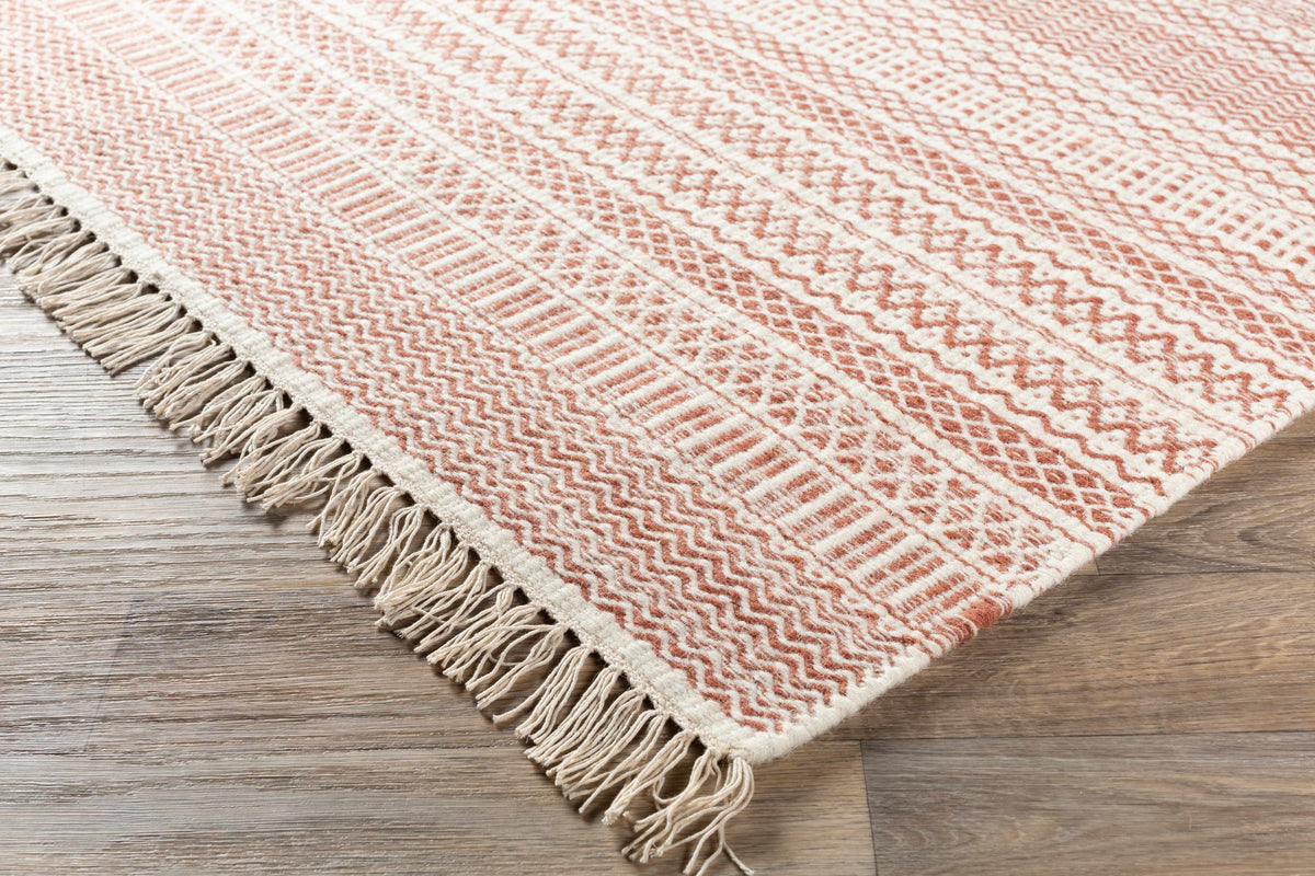 Kalinga red/cream flatweave wool rug with fringe by Boutique Rugs, clearance on Tampa Home & Garden Store