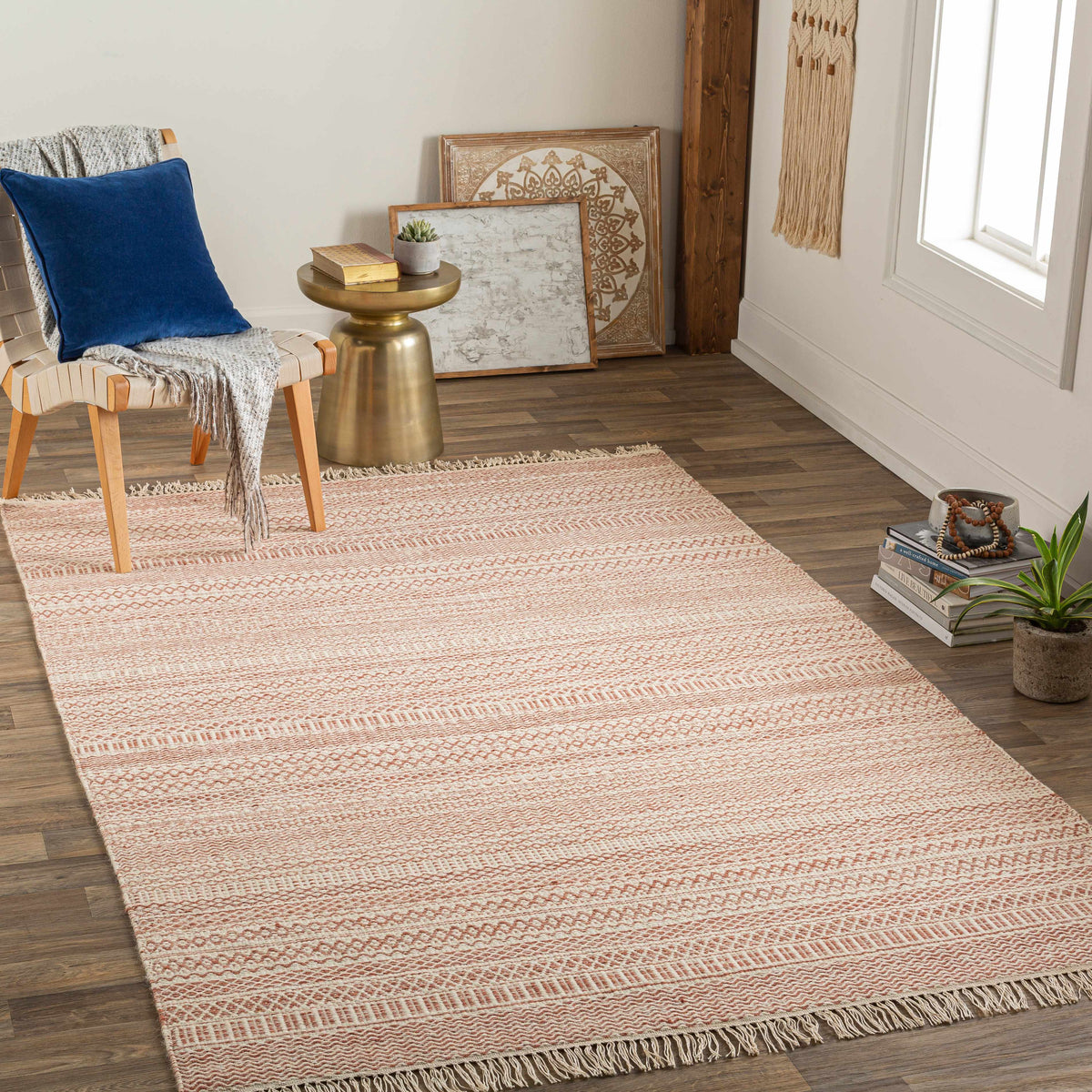 Kalinga red/cream flatweave wool rug, clearance; red cream tones with fringed edges on Tampa Home & Garden Store