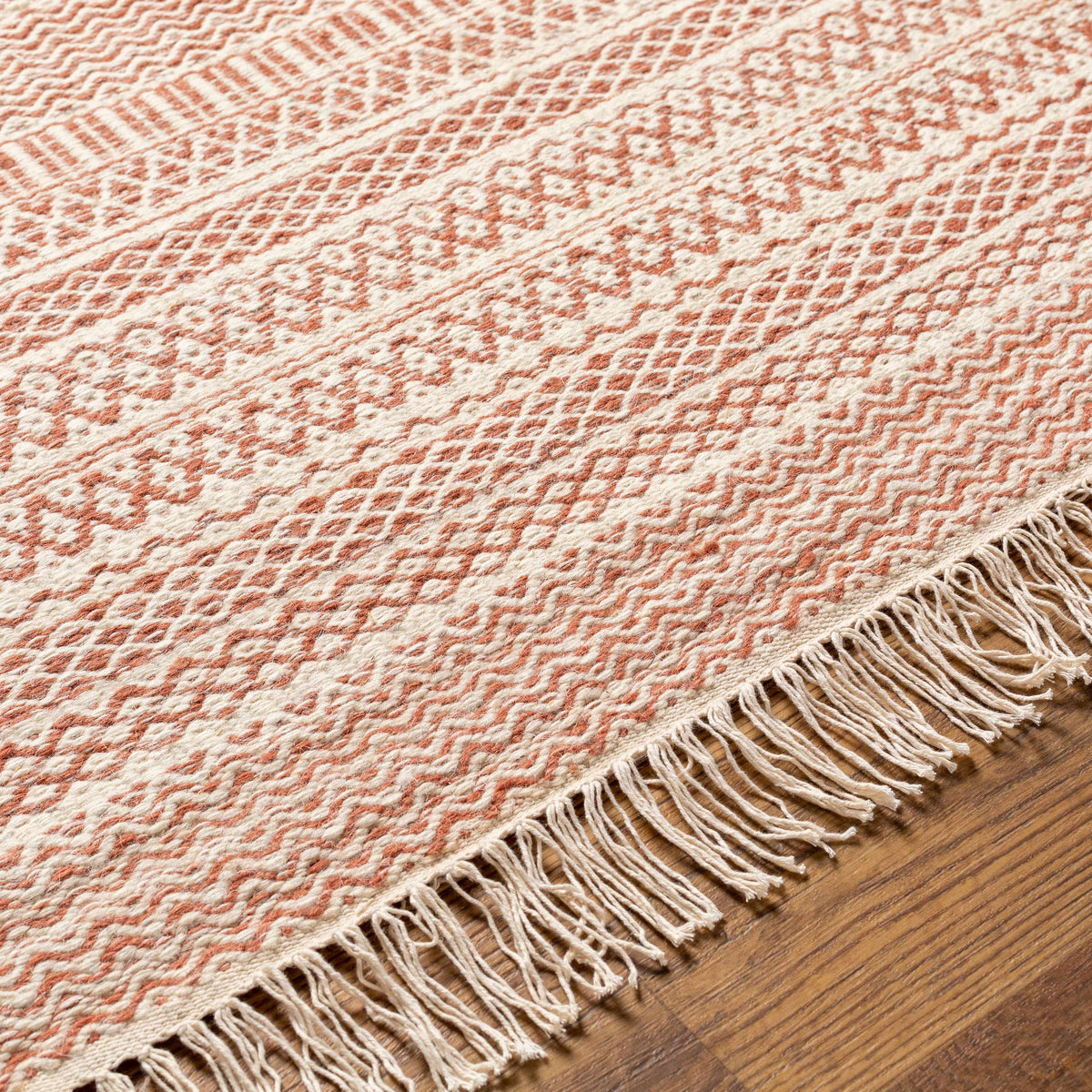 Kalinga red/cream flatweave wool rug with fringe, Boutique Rugs, clearance on Tampa Home & Garden Store