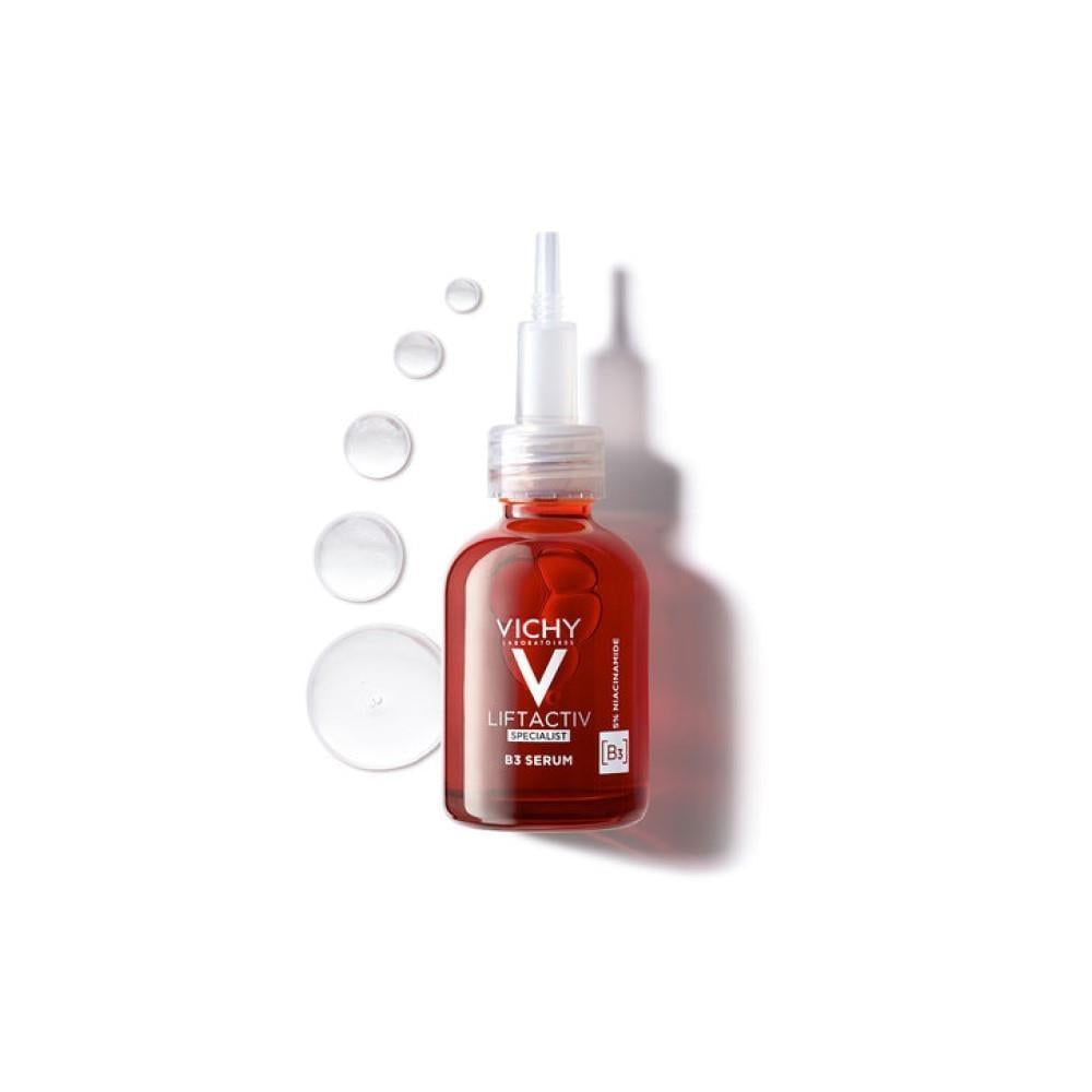 Vichy LiftActiv B3 Serum bottle, red glass with white spray top, anti-aging dark spot serum on Tampa Home & Garden Store
