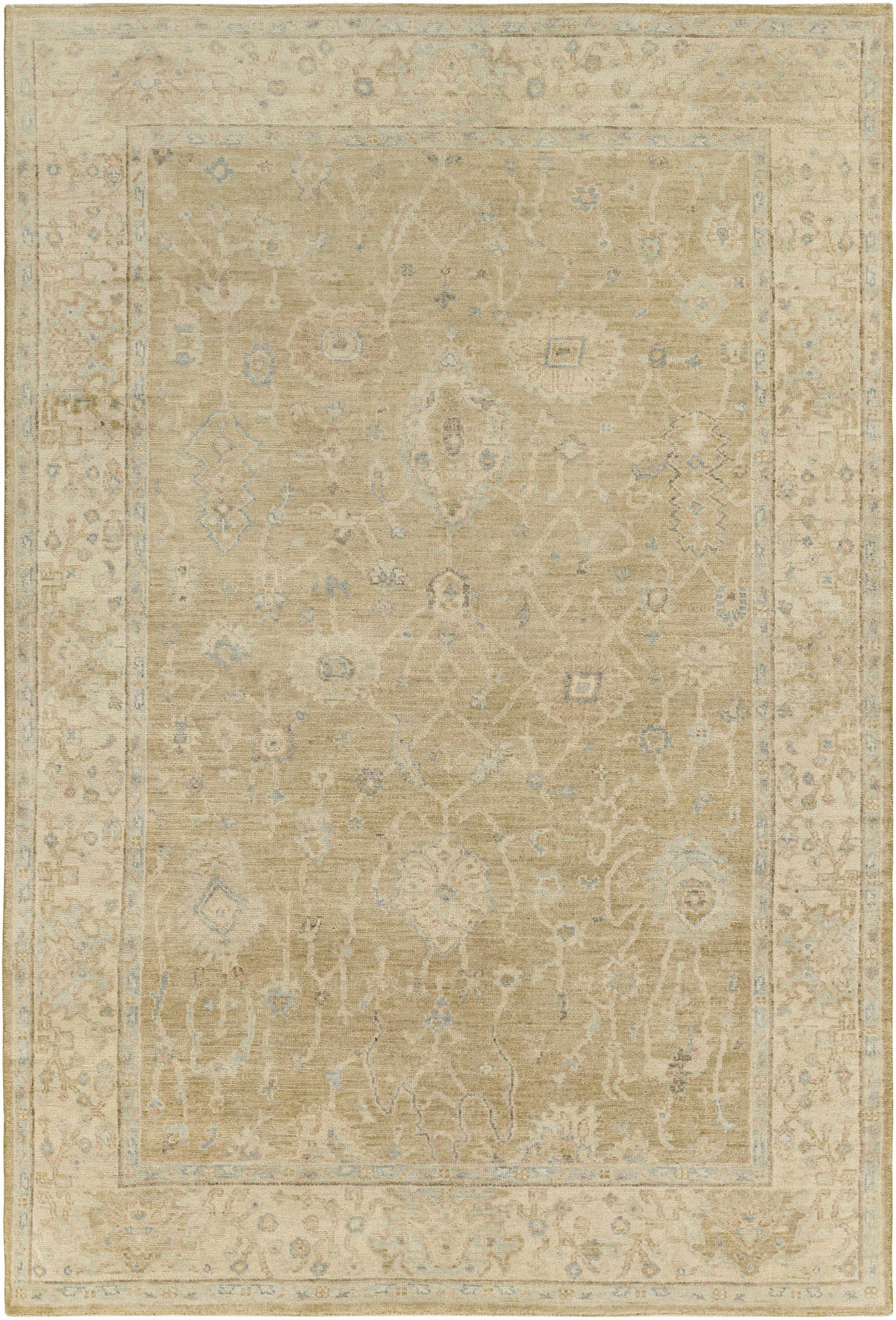 Karalee handmade wool area rug beige with pale blue floral motifs bordered by Boutique Rugs on Tampa Home & Garden Store