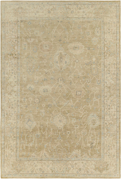 Karalee handmade wool area rug beige with pale blue floral motifs bordered by Boutique Rugs on Tampa Home & Garden Store