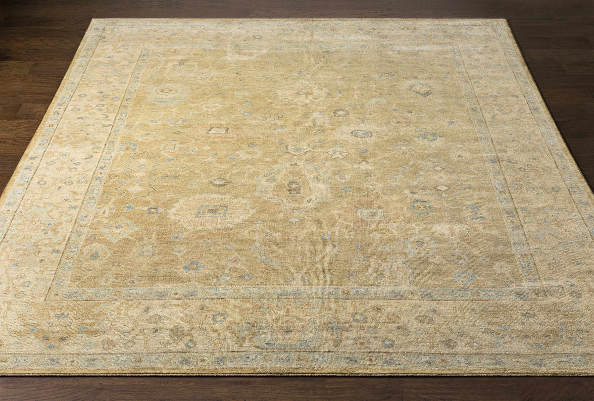 Karalee handmade wool area rug in warm beige with pale blue accents and border on Tampa Home & Garden Store