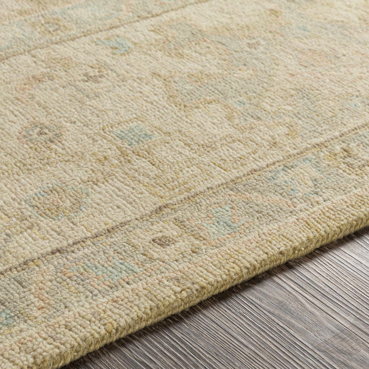 Karalee Handmade Wool Area Rug beige with soft pastel blue and pink accents Boutique Rugs on Tampa Home & Garden Store