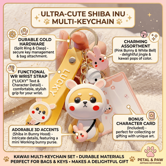 Shaketea kawaii keychain set with pastel Shiba Inu & bunny 3D charms on Tampa Home & Garden Store