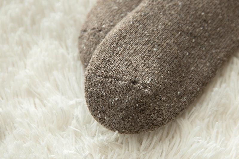Stevvex crew socks brown merino wool thick knit closeup toe on white shag rug on Tampa Home & Garden Store