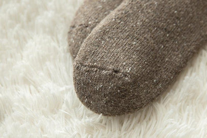 Stevvex crew socks brown merino wool thick knit closeup toe on white shag rug on Tampa Home & Garden Store