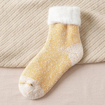 Kawaii Merino Wool Crew Socks Stevvex yellow with white fluffy cuff for warm unisex wear on Tampa Home & Garden Store