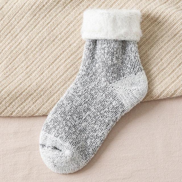 Stevvex crew socks gray marled merino wool with white fluffy cuff thick warm unisex design on Tampa Home & Garden Store