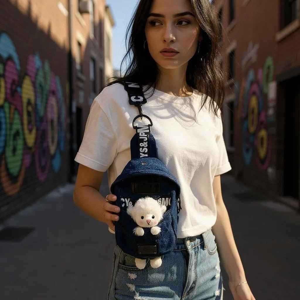 Kawaii Denim Crossbody Sling Bag by Shaketea, navy denim with sheep charm, adjustable strap on Tampa Home & Garden Store