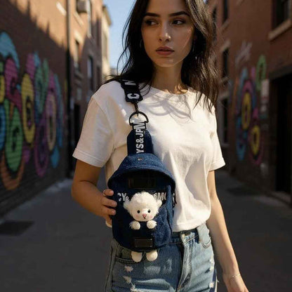 Kawaii Denim Crossbody Sling Bag by Shaketea, navy denim with sheep charm, adjustable strap on Tampa Home & Garden Store