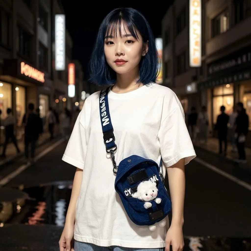 Sling bag Kawaii denim with sheep charm, navy blue cross body bag, adjustable strap by Shaketea on Tampa Home & Garden Store