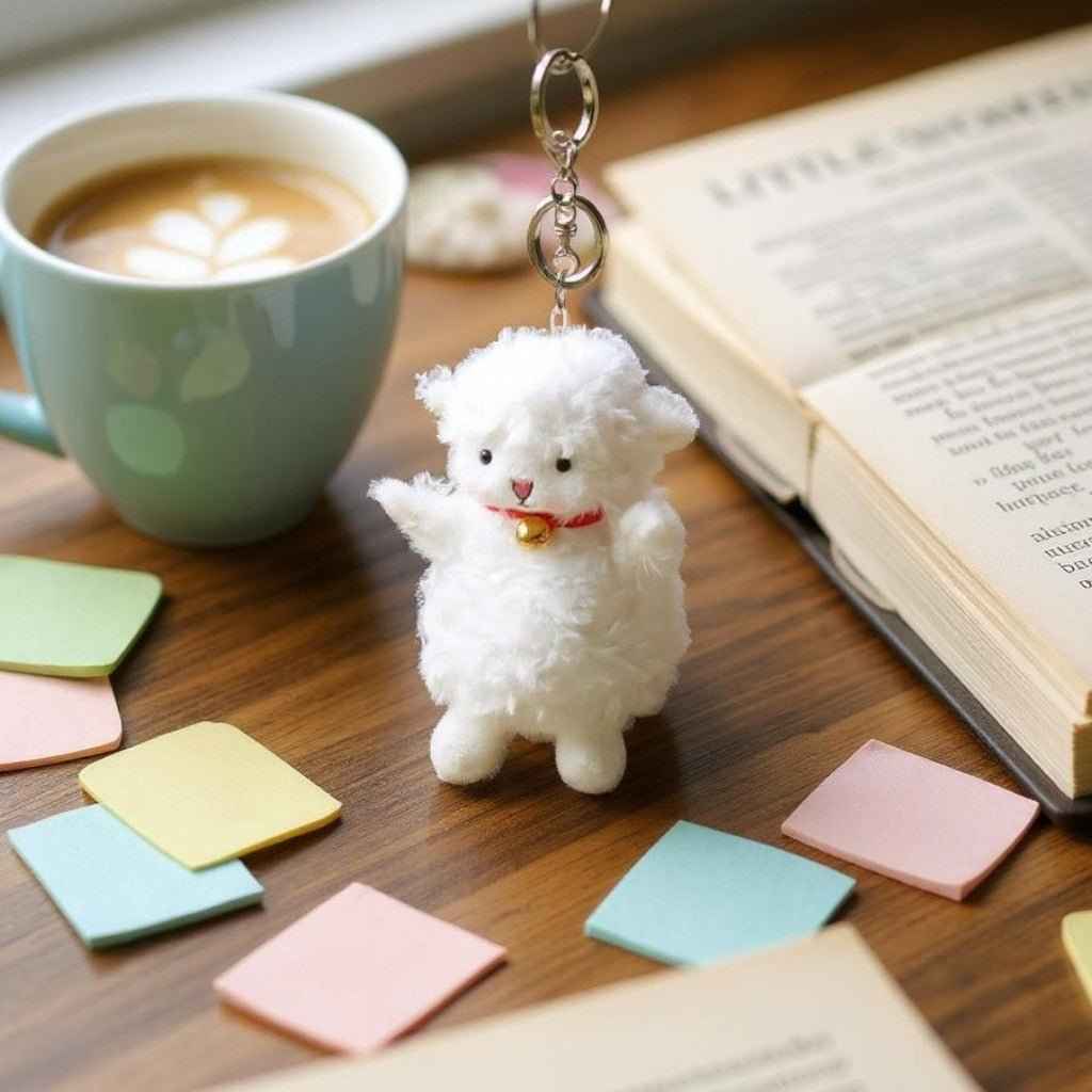 Shaketea Kawaii sheep charm keychain, white fluffy plush with red collar and bell on Tampa Home & Garden Store