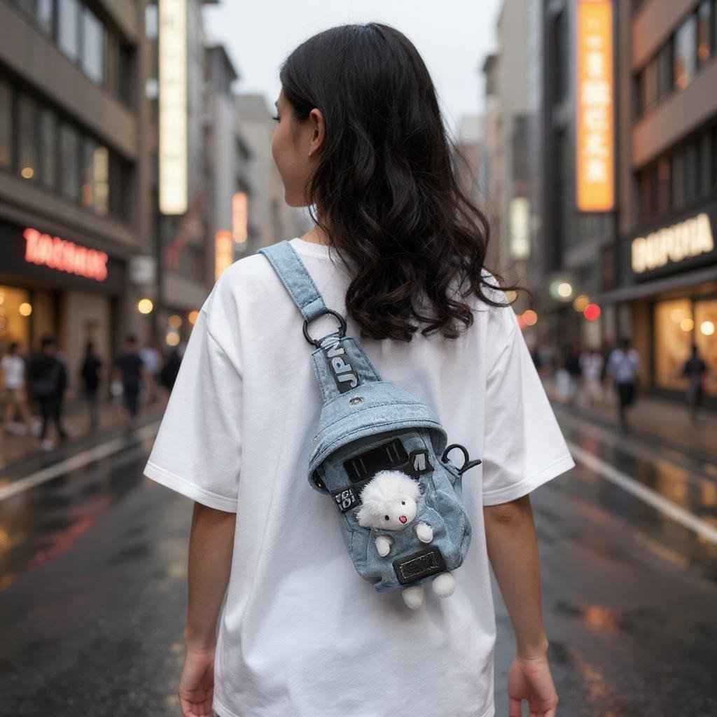 Kawaii denim crossbody sling bag with sheep charm, light blue, by Shaketea, adjustable strap on Tampa Home & Garden Store