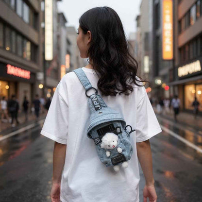 Kawaii denim crossbody sling bag with sheep charm, light blue, by Shaketea, adjustable strap on Tampa Home & Garden Store
