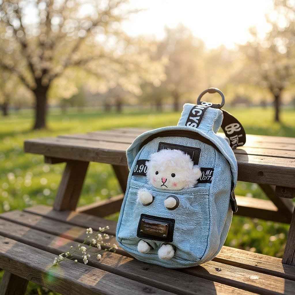 Kawaii denim crossbody sling bag with plush sheep charm, adjustable strap by Shaketea on Tampa Home & Garden Store