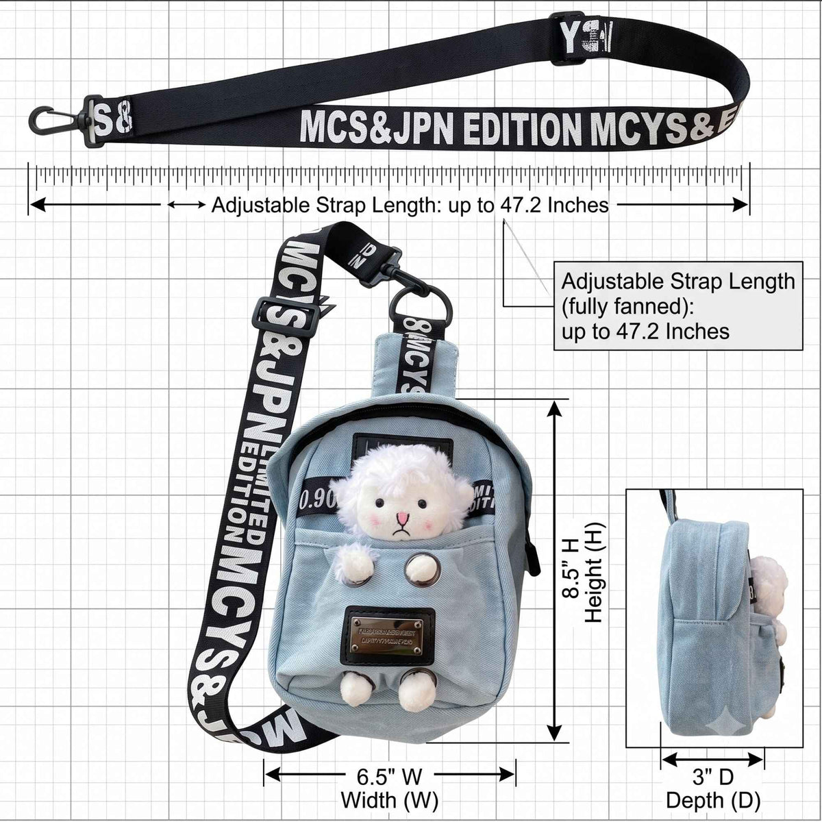 Kawaii denim crossbody sling bag with sheep plush charm and adjustable strap by Shaketea on Tampa Home & Garden Store