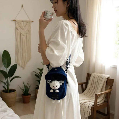 Kawaii denim crossbody sling bag with sheep charm, navy blue, adjustable strap Shaketea on Tampa Home & Garden Store