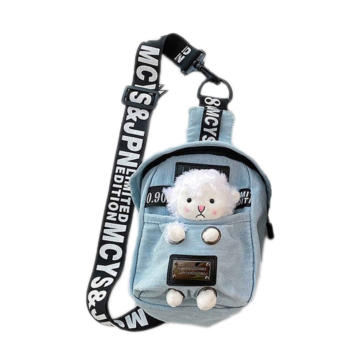 Kawaii denim crossbody sling bag with sheep charm, adjustable black strap by Shaketea on Tampa Home & Garden Store