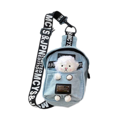 Kawaii denim crossbody sling bag with sheep charm, adjustable black strap by Shaketea on Tampa Home & Garden Store