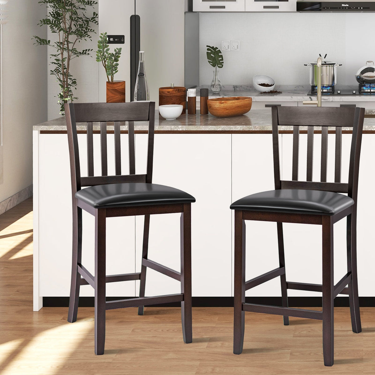 25-inch bar stools set of 2 with rubber wood legs, brown wood frame and black cushioned seats on Tampa Home & Garden Store