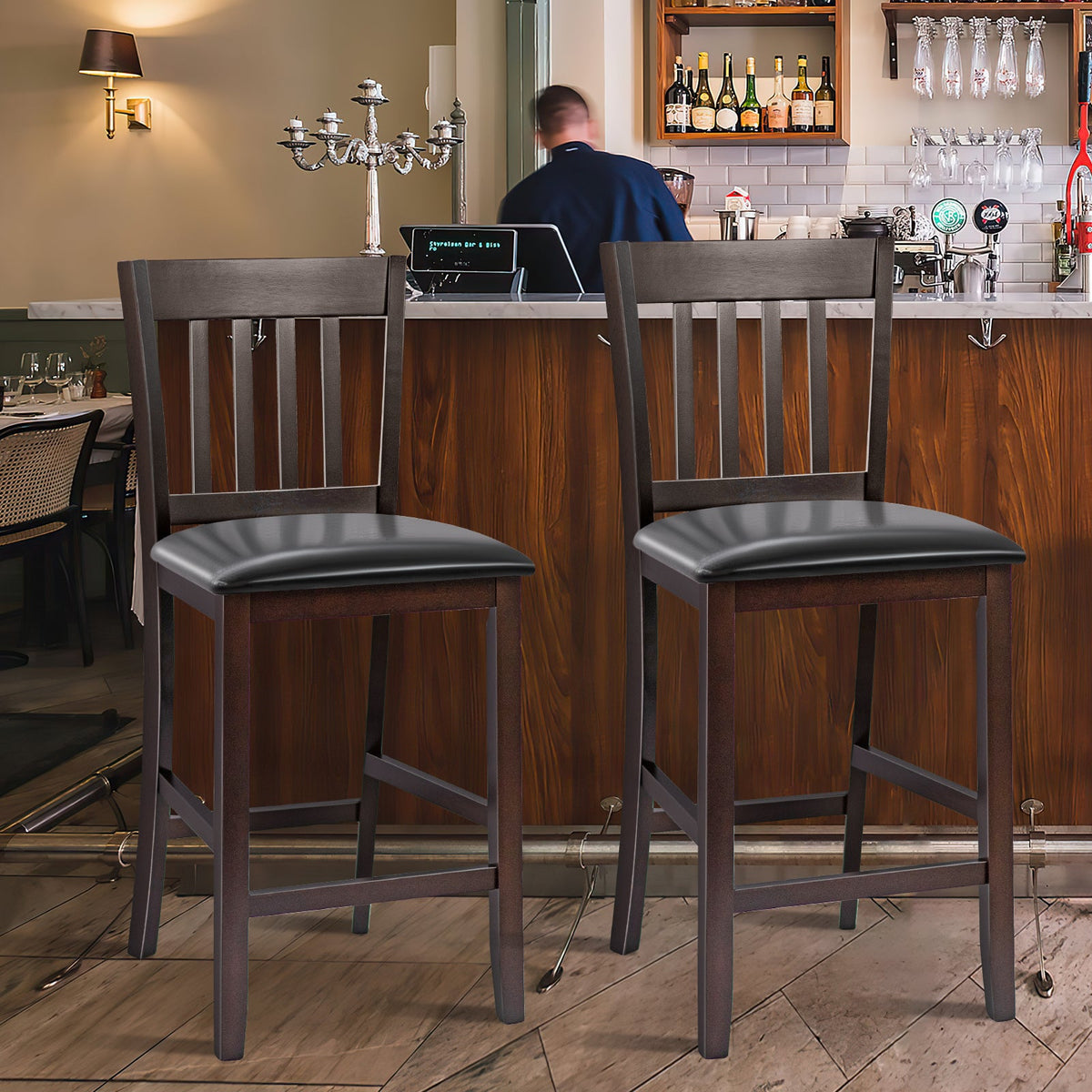 Bar Stools 25 Inch 2-Pack by DirectDeals with Rubber Wood Legs, dark espresso frame, gray seats on Tampa Home & Garden Store