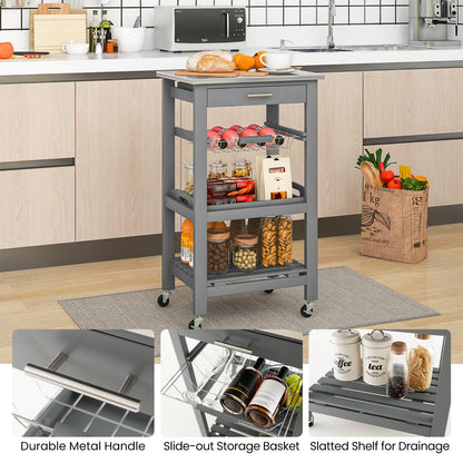 Kitchen Island Cart with Stainless Steel Tabletop and Basket