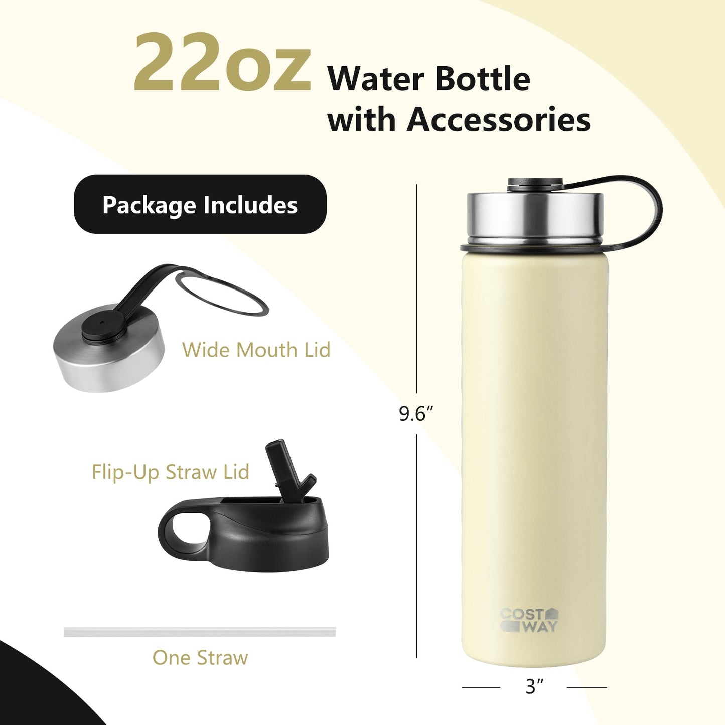 Botella de agua de acero inoxidable con doble pared aislada de 22 oz con 2 tapas y pajita - Beige