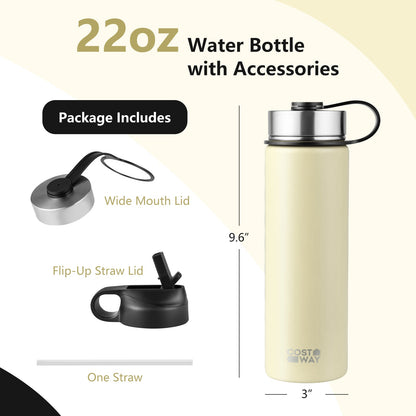 Botella de agua de acero inoxidable con doble pared aislada de 22 oz con 2 tapas y pajita - Beige