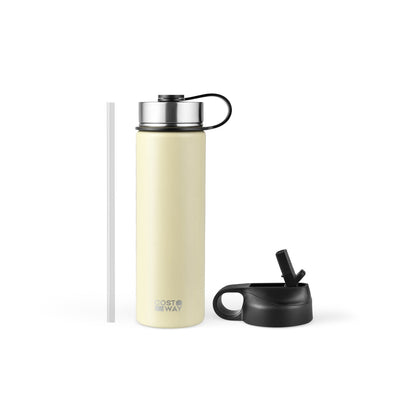 Botella de agua de acero inoxidable con doble pared aislada de 22 oz con 2 tapas y pajita - Beige