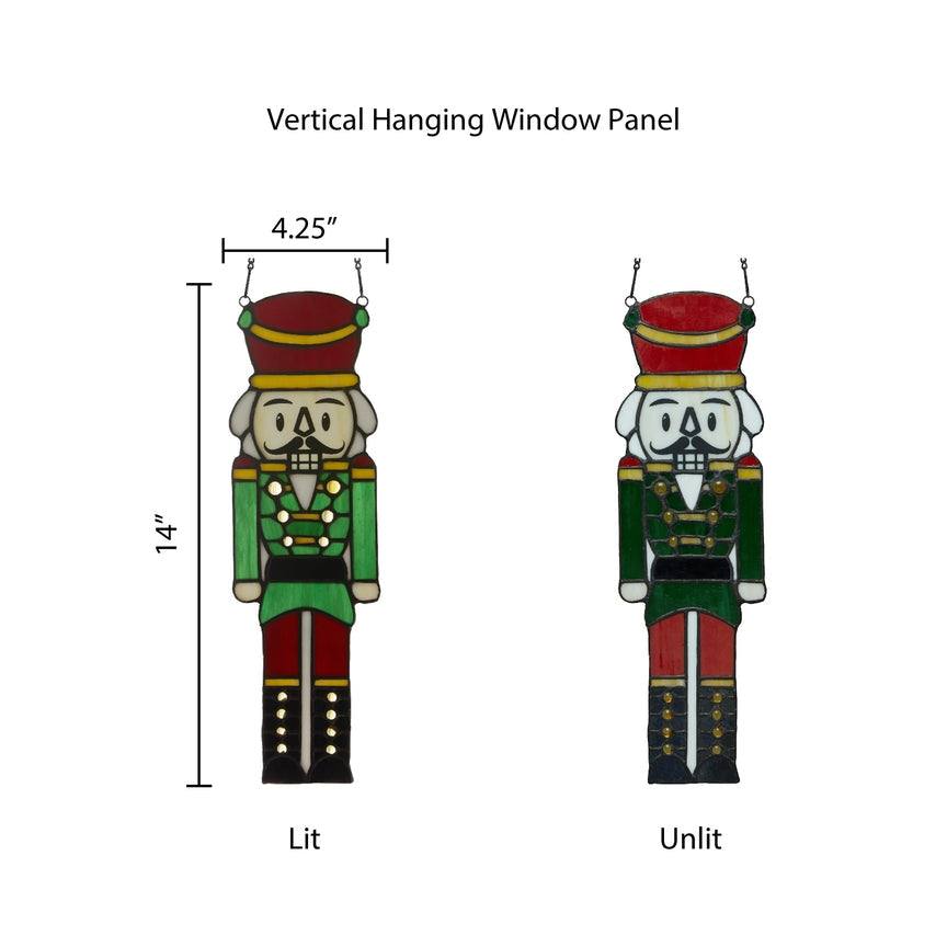 Hans the Holiday Nutcracker stained glass window panel by Country Christmas Loft, 14in tall red-green decor lit and unlit on Tampa Home & Garden Store